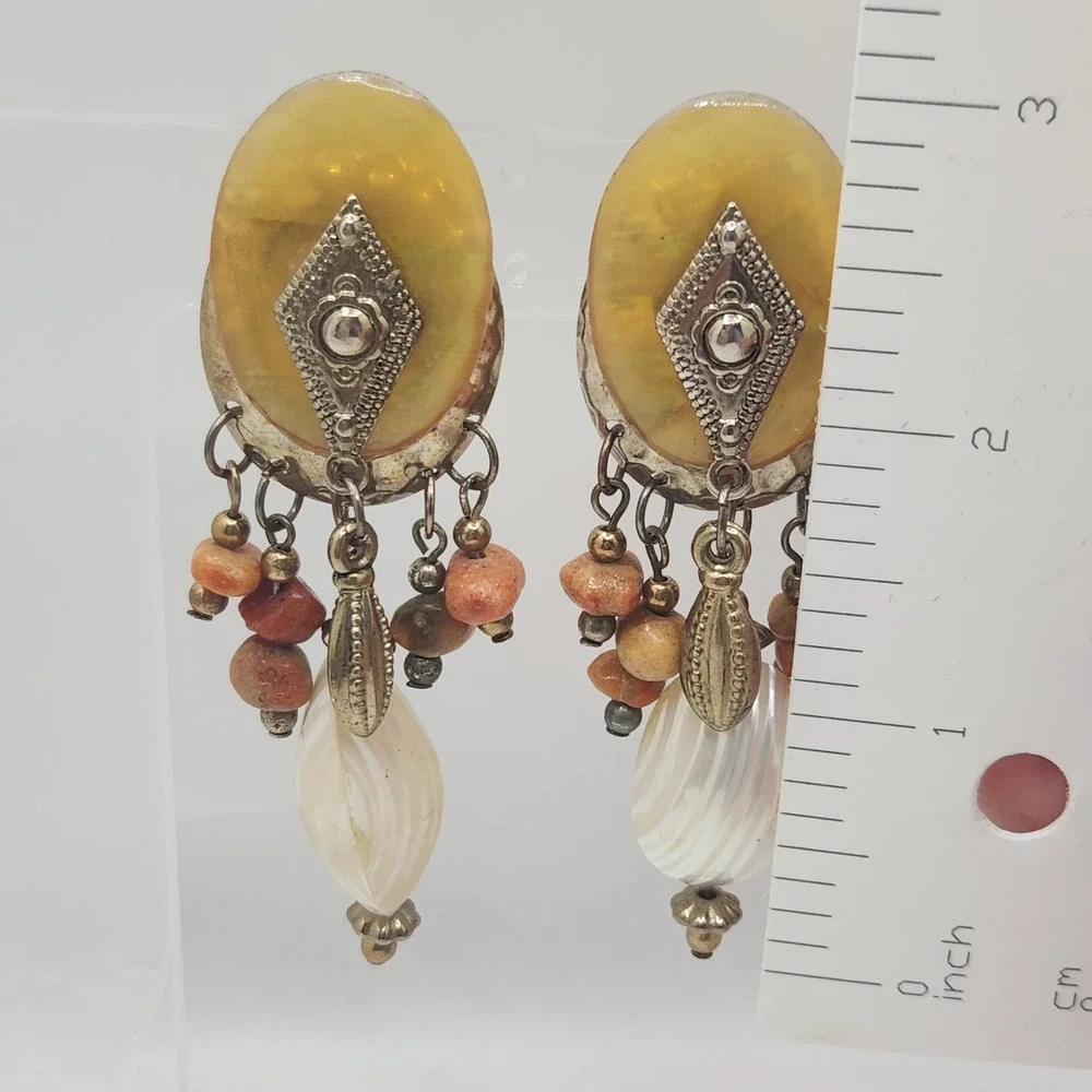 Vintage Boho Mother of Pearl Stone Beaded Dangle Clip On Earrings Yellow Tribal